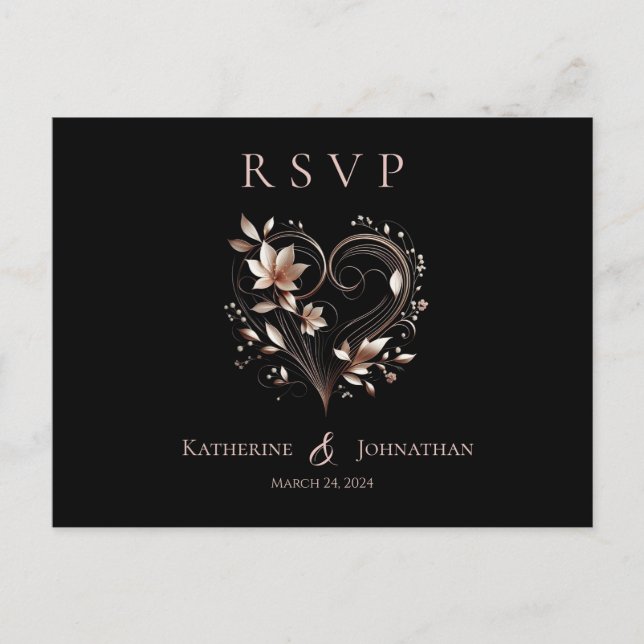 Modern Rose Gold Flowers and a Heart-RSVP-Wedding- Vykort (Framsida)