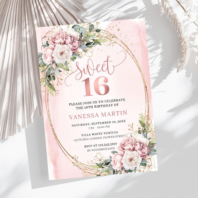 Modern Rose Gold Flowers Eucalyptus 16th Birthday  Inbjudningar (Modern Rose Gold Flowers Eucalyptus 16th Birthday Invitation

)