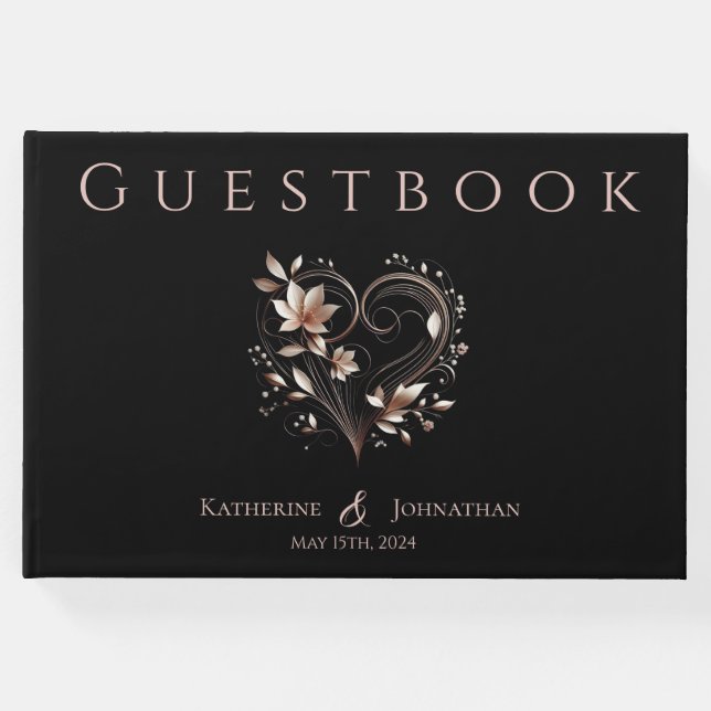 Modern Rose Gold Flowers with a Heart Wedding Gästböcker (Framsida)