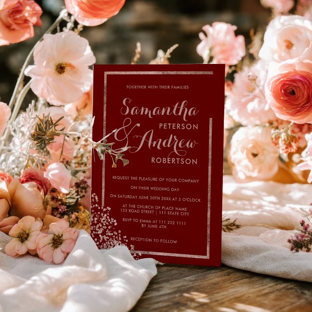 Modern rose gold frame red confetti wedding inbjudningar (Modern rose gold frame red confetti wedding invitation)