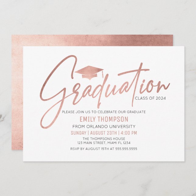 Modern Rose Gold  Graduation Invitation Inbjudningar (Fram/baksida)