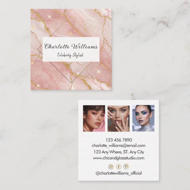 Modern Rose Gold Quartz Glam Stylist Fyrkantigt Visitkort (Fram/baksida)