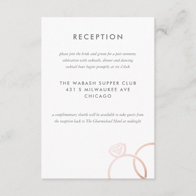 Modern Rose Gold Rings Wedding Reception Card Tilläggskort (Framsida)
