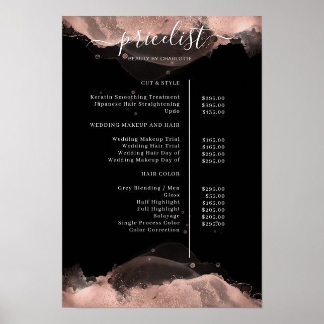 Modern Roségold Black Watercolor Pricelist Poster (Framsidan)