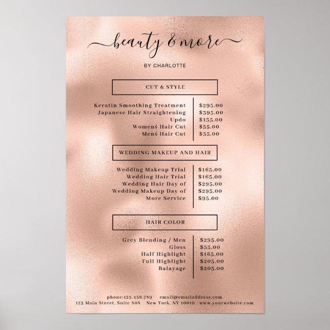 Modern Rosegold Enkel Salong Prislista Affisch (Framsidan)