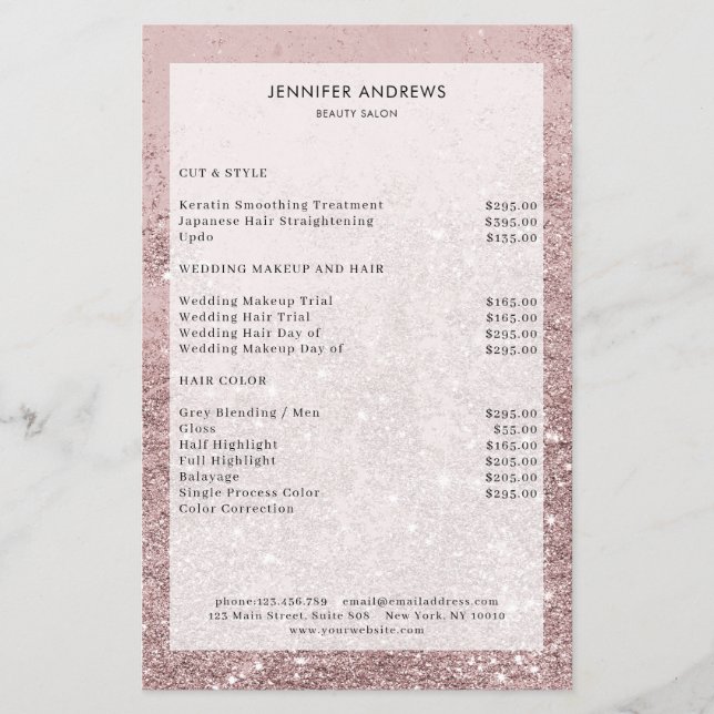 Modern Rosegold Glitter Salon Pris List Flyer (Framsidan)