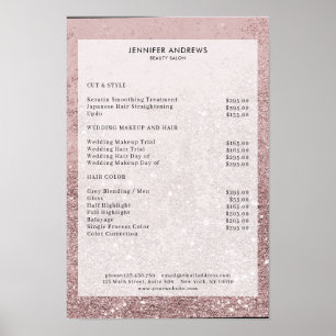 Modern Rosegold Glitter Salong Prislista Affisch