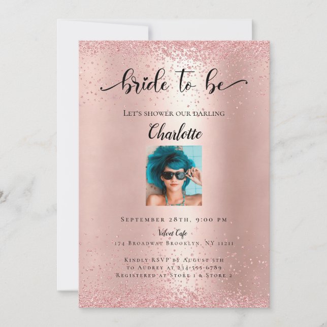 Modern, Rosegold Glitzer "Bride to be"-foto Inbjudningar (Framsida)