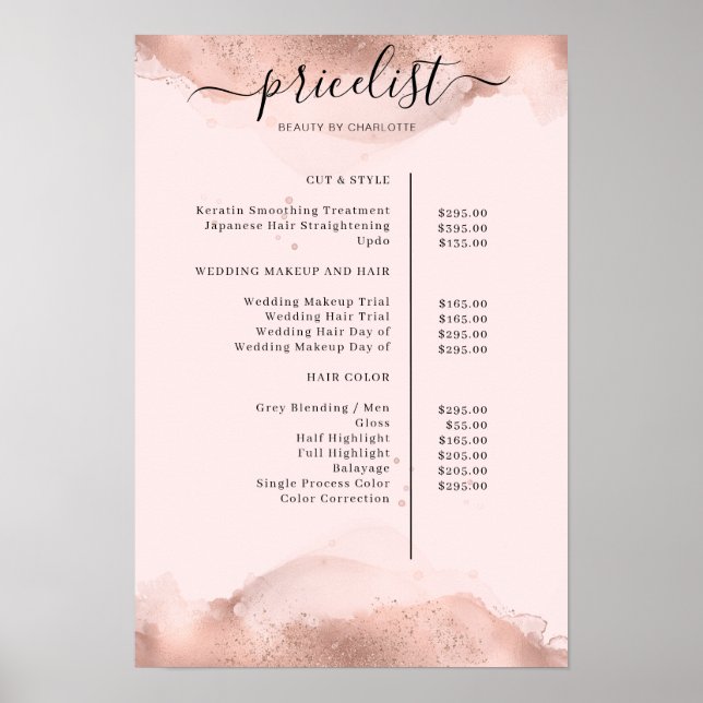Modern  Roségold Watercolour Pricelist Poster (Framsidan)