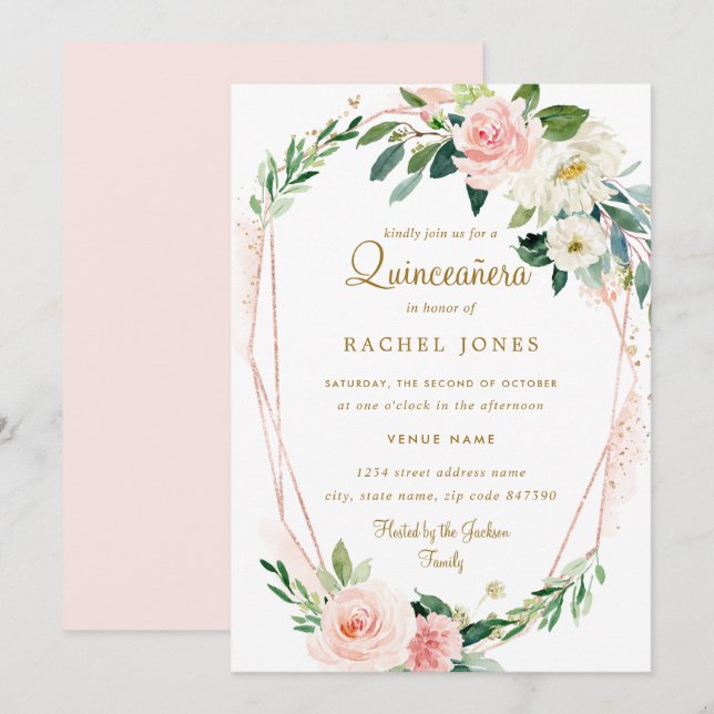 Modern roséguld blomsterkrans Quinceanera Inbjudningar (Fram/baksida)