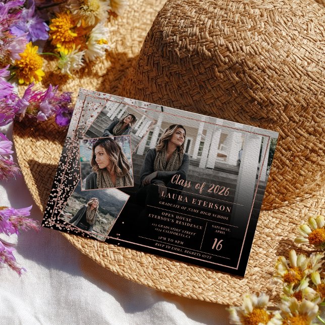 Modern roséguld chic minimalist fotoexamen inbjudningar (Modern rose gold chic minimalist photo graduation invitation)