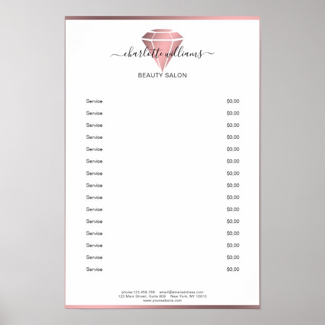 Modern roséguld diamant prislista affisch (Framsidan)