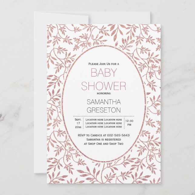 Modern roséguld glitter blad trendig baby shower inbjudningar (Framsida)