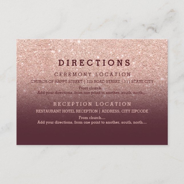 Modern roséguld glitter burgunder detaljer bröllop tilläggskort (Framsida)