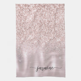 Modern Roséguld Glitter Monogram Namnskrift Kitc Kökshandduk
