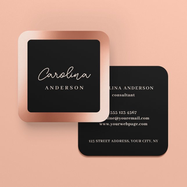 Modern Roséguld Minimal Svart Skrift Fyrkantigt Visitkort (Front and back shown. Square card, 2.5 in. Choose size, corner, and paper style. *Faux Gold Texture.)