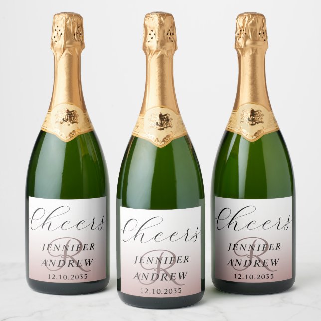 Modern roséguld monogram bröllops mousserande vin  (Flaskor)