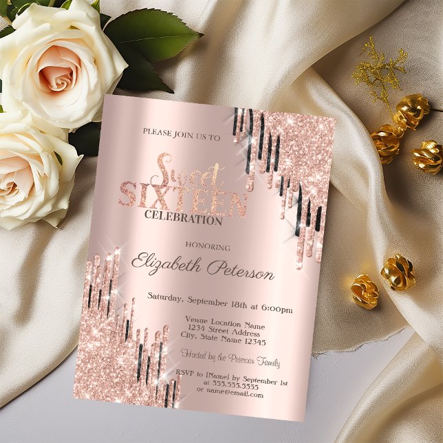 Modern Roséguld Svart Glitter Dropar Sweet 16 Inbjudningar (Skapare uppladdad)