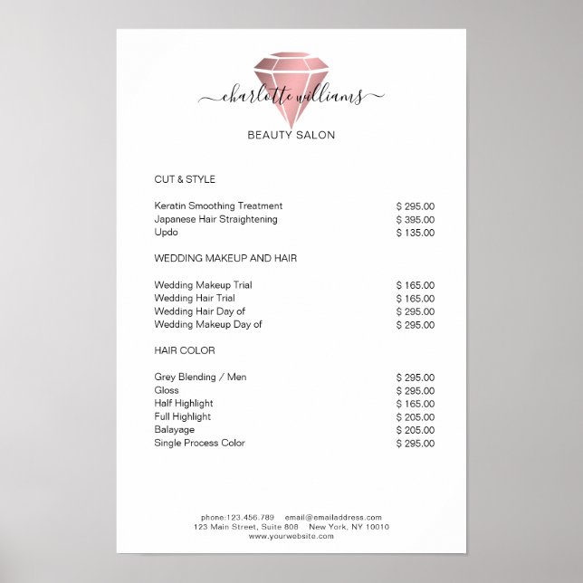 Modern Rosen Guld Diamant Prislista  Poster (Framsidan)