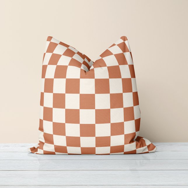 Modern Rost Orange & Cräm Rutig Tyg Kudde (Skapare uppladdad)