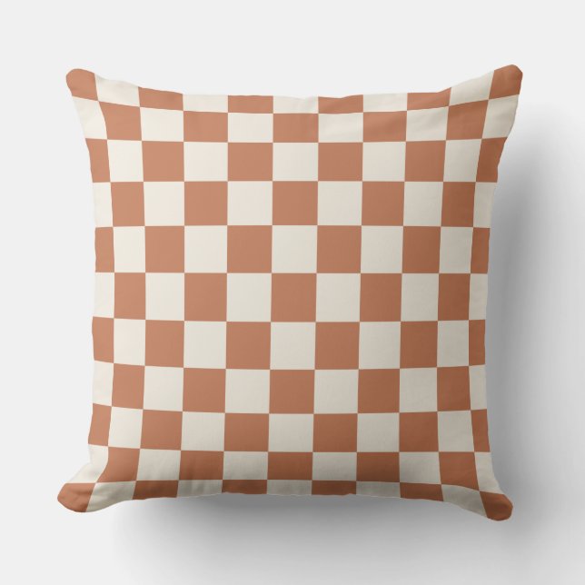 Modern Rost Orange & Cräm Rutig Tyg Kudde (Framsida)