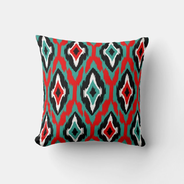 Modern rött svart svart bläckfisk (Ikat Tribal Mön Kudde (Framsida)