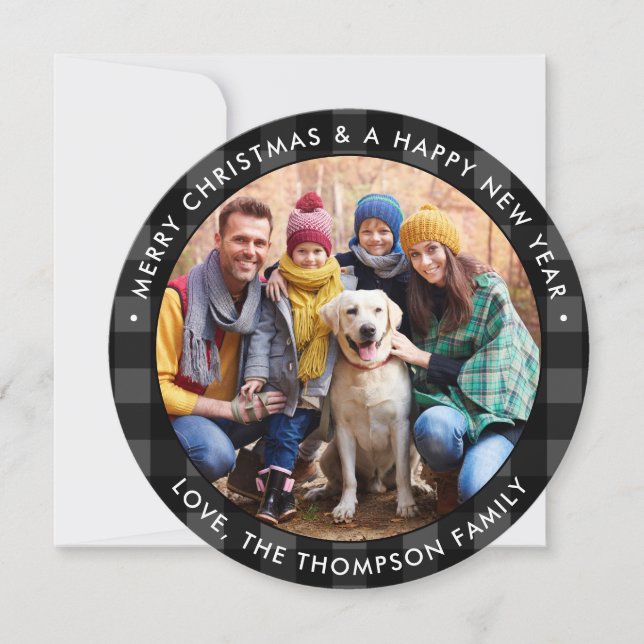 Modern Round Anpassningsbar Photo Black Grått Buff Julkort (Framsida)