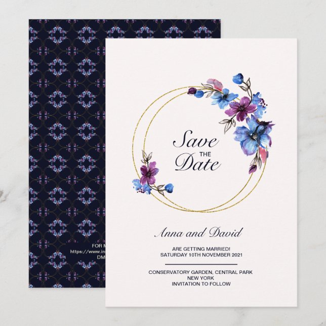 Modern Royal blå Blommigt Spara datum Bröllop Inbjudningar (Fram/baksida)