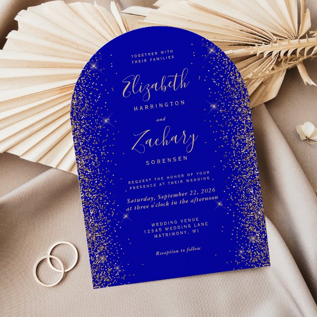 Modern Royal Blå Guld Falsk Glitter Båge Bröllop Inbjudningar (Skapare uppladdad)