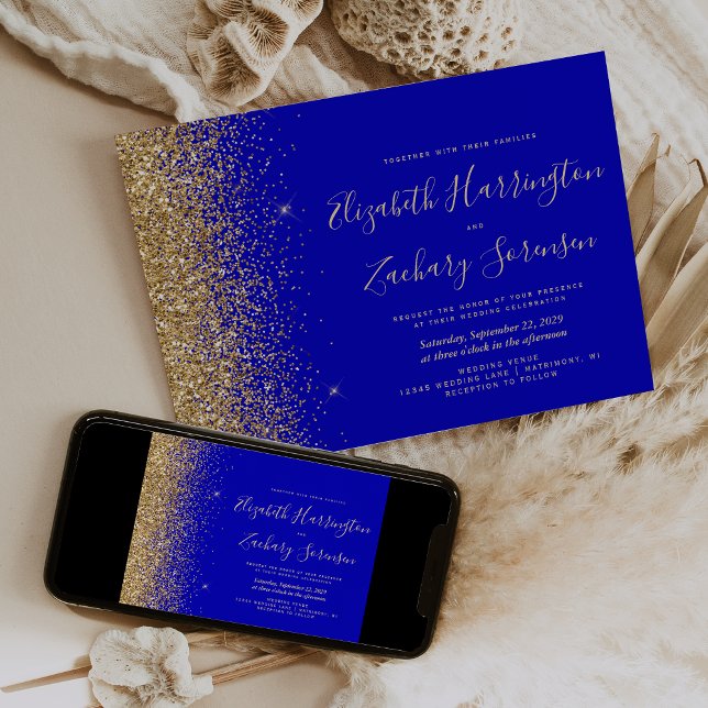 Modern Royal Blå Guld Glitter Bröllop Inbjudningar (Skapare uppladdad)