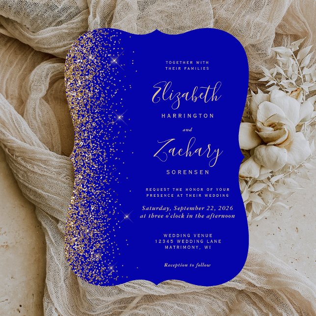 Modern Royal Blå Guld Glitter Fäste Bröllop Inbjudningar (Skapare uppladdad)