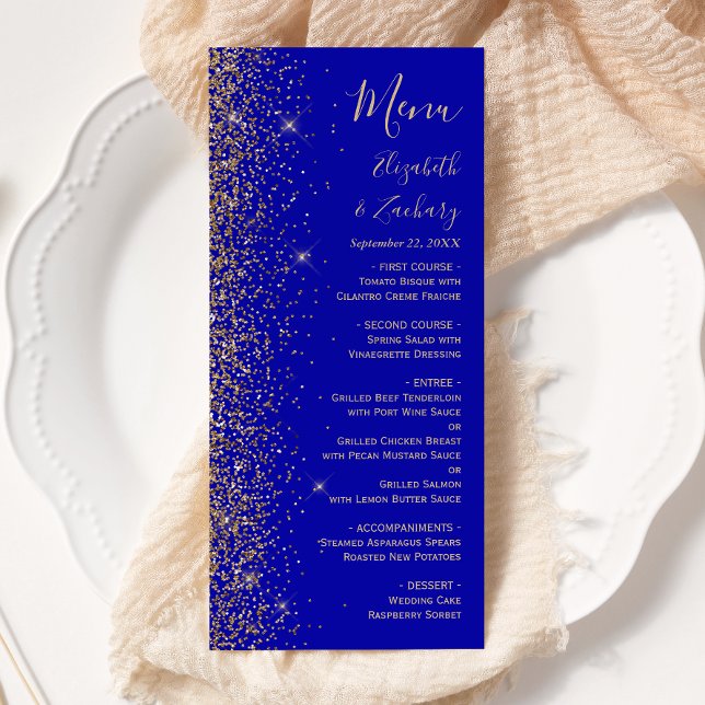 Modern Royal Blå Guld Glitter Kant Bröllop Meny (Skapare uppladdad)