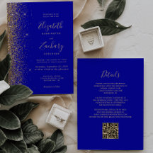 Modern Royal Blå Guld Glitter QR-kod Bröllop