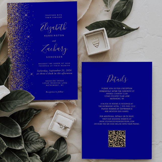 Modern Royal Blå Guld Glitter QR-kod Bröllop Inbjudningar (Skapare uppladdad)