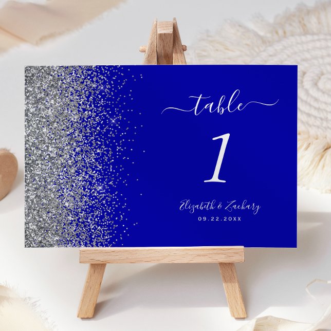 Modern Royal Blå Silver Glitter Kant Bröllop Bordsnummer (Skapare uppladdad)