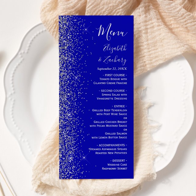 Modern Royal Blå Silver Glitter Kant Bröllop Meny (Skapare uppladdad)