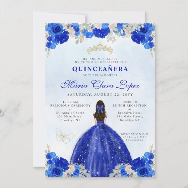 Modern Royal Blue Guld Blommigt Princess Quinceañe Inbjudningar (Framsida)
