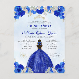 Modern Royal Blue Guld Blommigt Princess Quinceañe Vykort