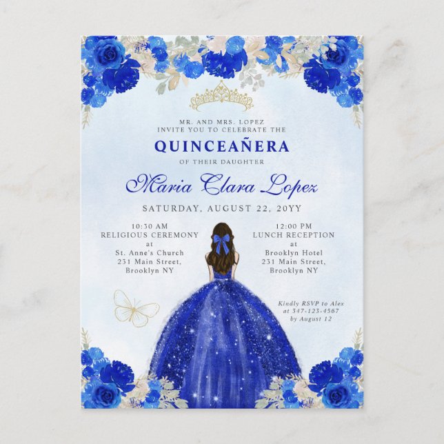 Modern Royal Blue Guld Blommigt Princess Quinceañe Vykort (Framsida)