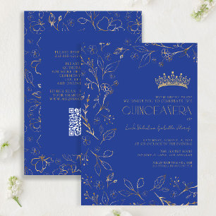 Modern Royal Blue Guld Blommigt Tiara QR Quinceañe Inbjudningar