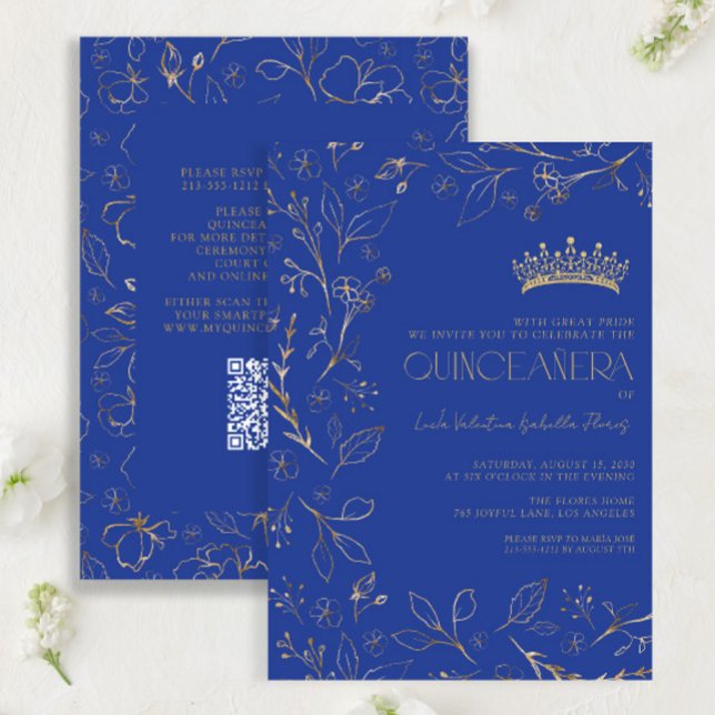 Modern Royal Blue Guld Blommigt Tiara QR Quinceañe Inbjudningar (Skapare uppladdad)