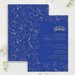 Modern Royal Blue Guld Blommigt Tiara Quinceañera Inbjudningar