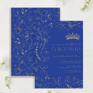 Modern Royal Blue Guld Blommigt Tiara Quinceañera Inbjudningar