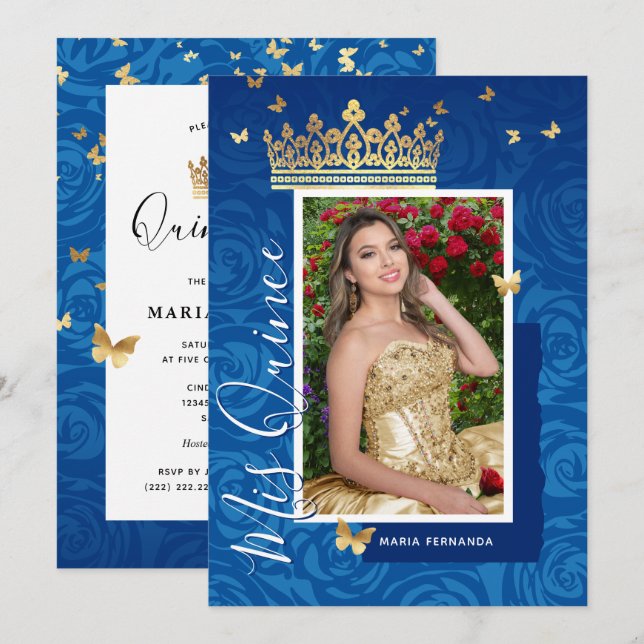 Modern Royal Blue Guld Elegant Photo Quinceanera Inbjudningar (Fram/baksida)