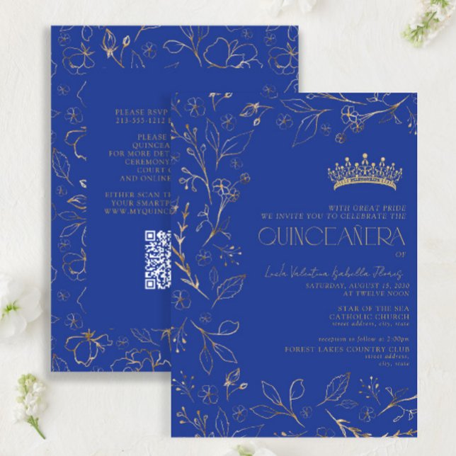 Modern Royal Blue Guld QR-Blommigt Quinceañera Inbjudningar (Skapare uppladdad)