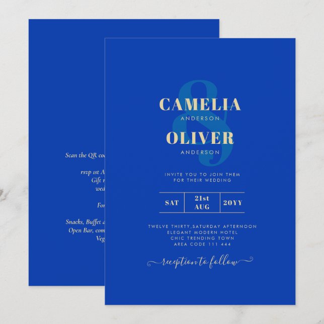 Modern Royal Blue Monochrome Wedding INVITE Inbjudningar (Fram/baksida)