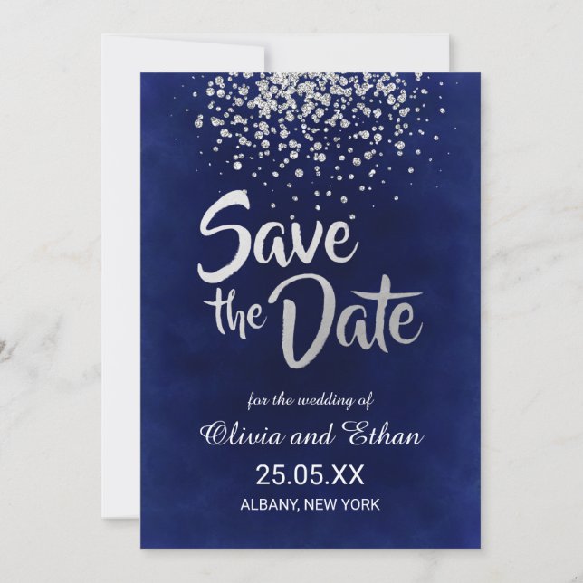 Modern Royal Blue och Silver Confetti Spara Datumet (Framsida)