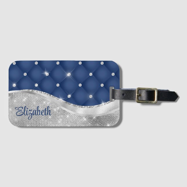 Modern Royal Blue och Silver Glitter Monogram Bagagebricka (Framsida horisontal)