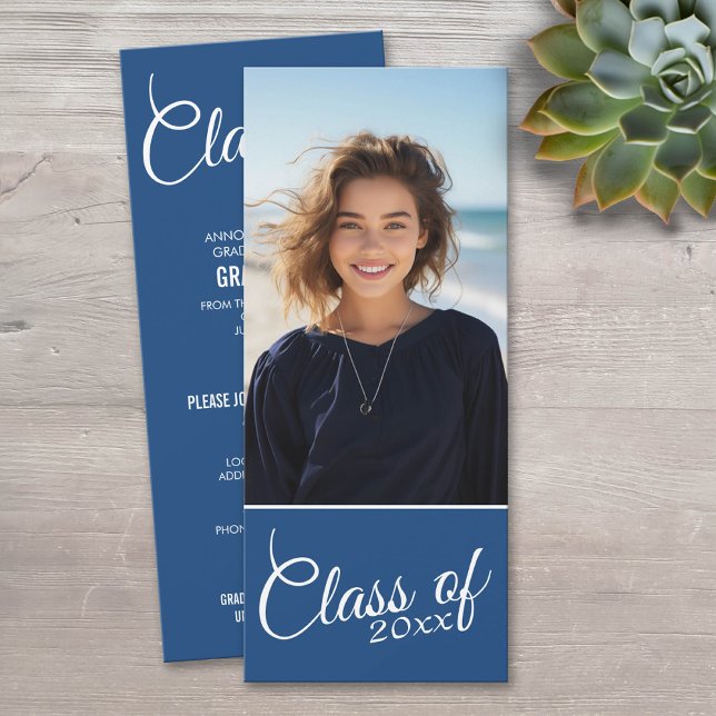 Modern Royal Blue Studenten Photo annonsens Inbjudningar (Classic Photo Graduation Announcement)