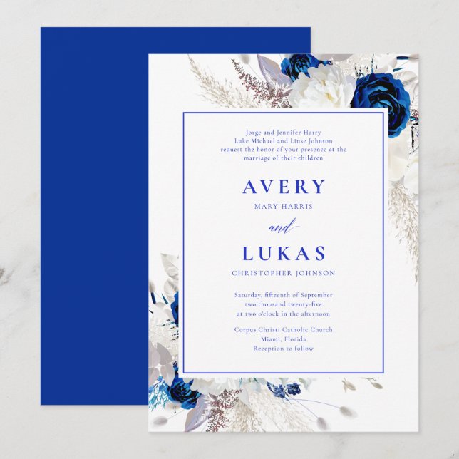 Modern Royal Blue & White Flowers Bröllop Inbjudningar (Fram/baksida)